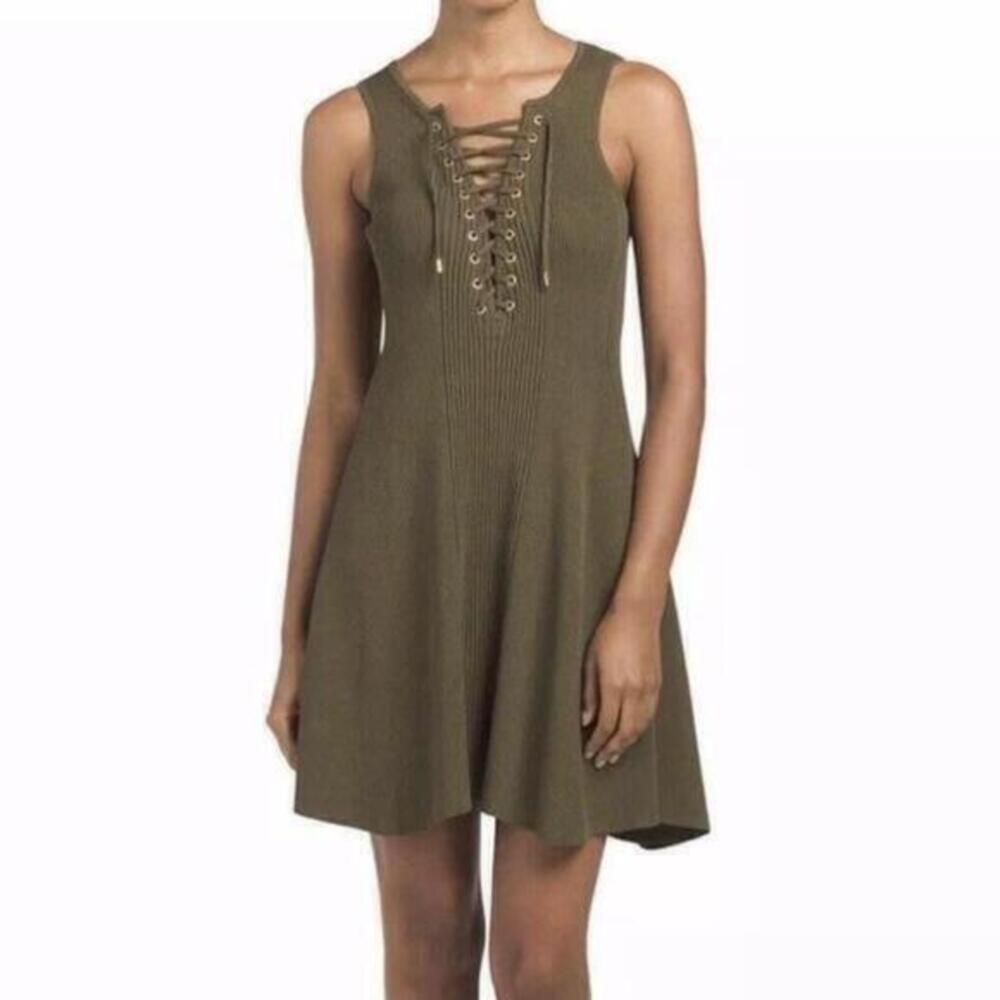 Torn by Ronny Kobo Lace Up Ribbed Knit Mini Dress‎ in Olive Green Size M